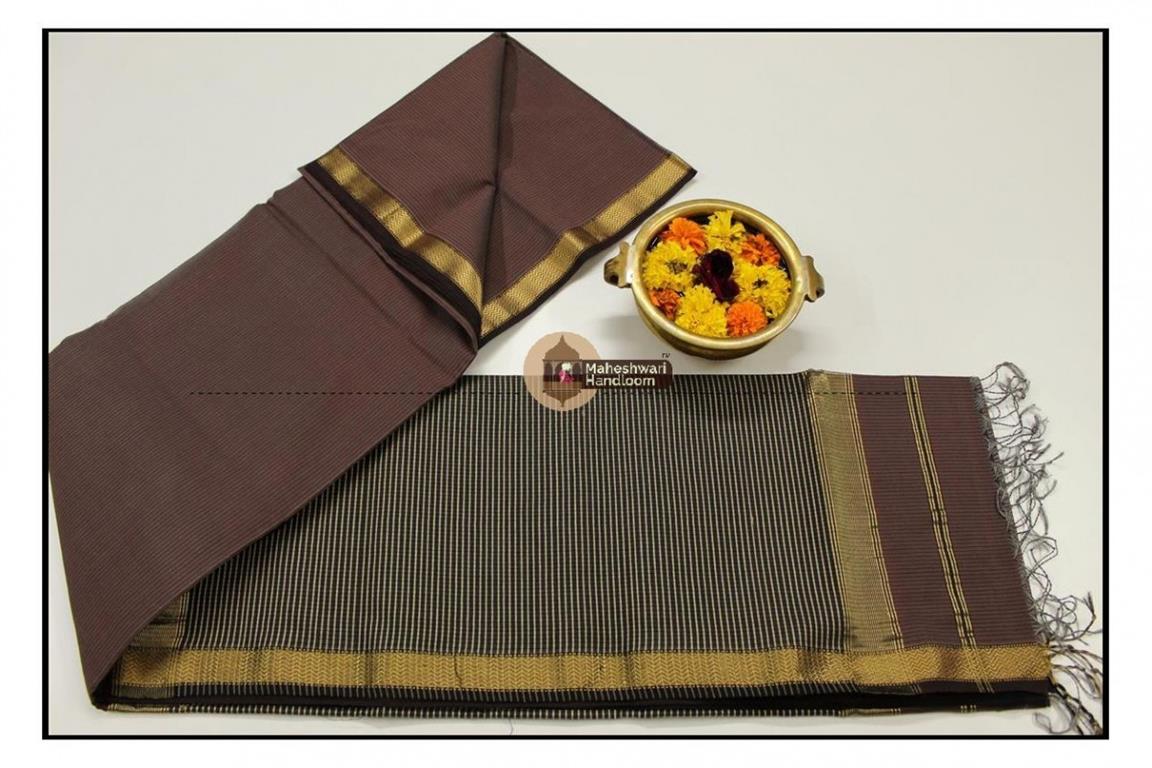 Maheshwari Chocolate Brown  Jari Lehar Border Saree
