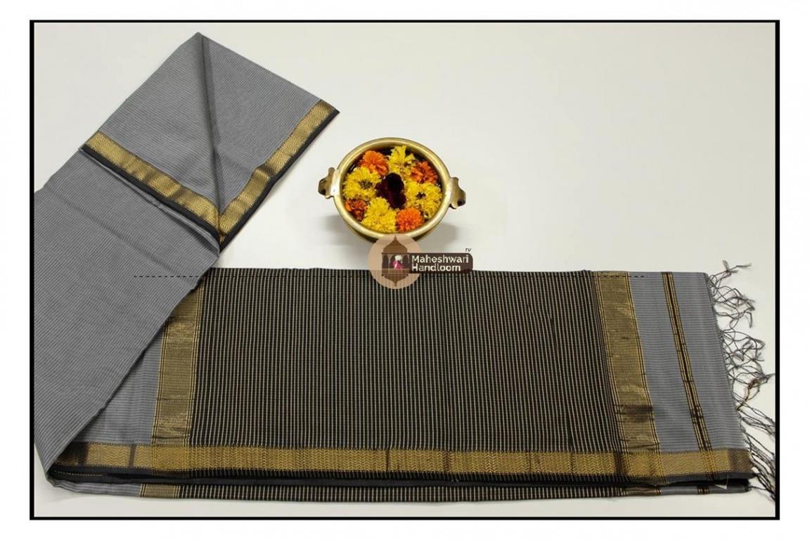 Maheshwari Grey Jari Lehar Border Saree