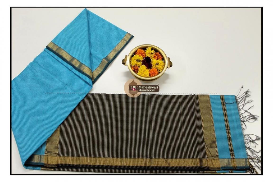 Maheshwari Firozi Jari Lehar Border Saree