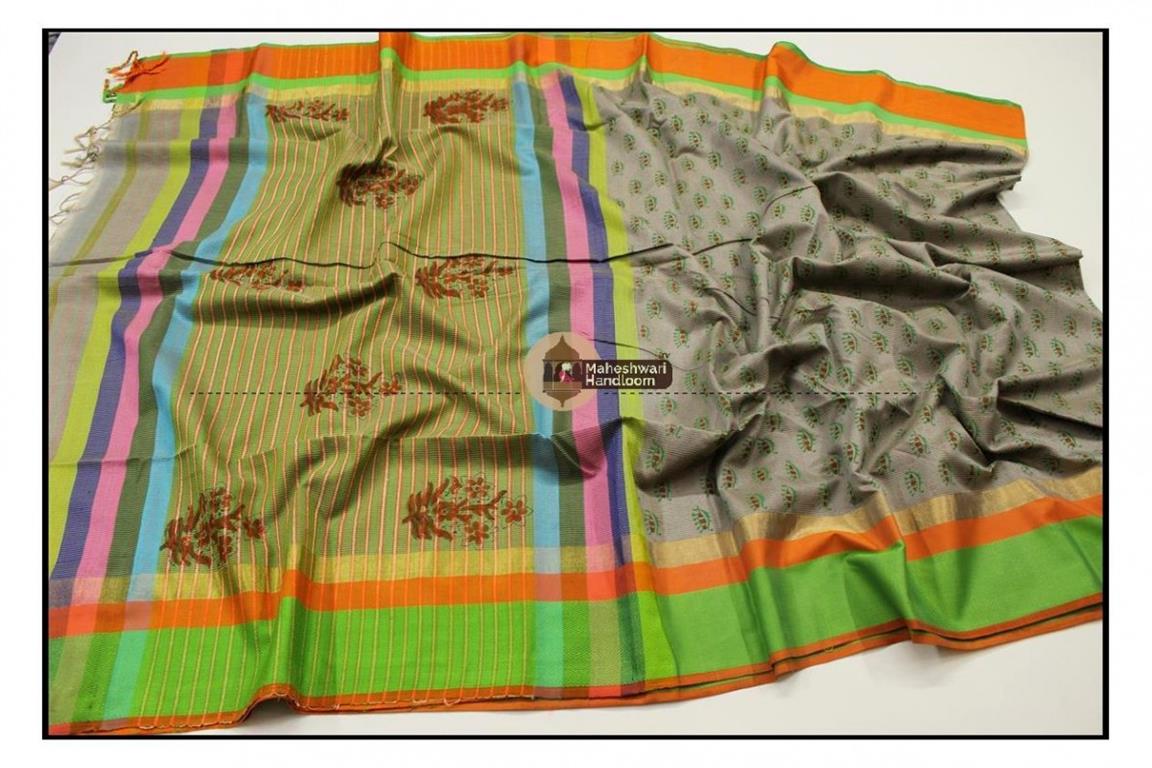 Maheshwari Grey Handblock Printed Saree