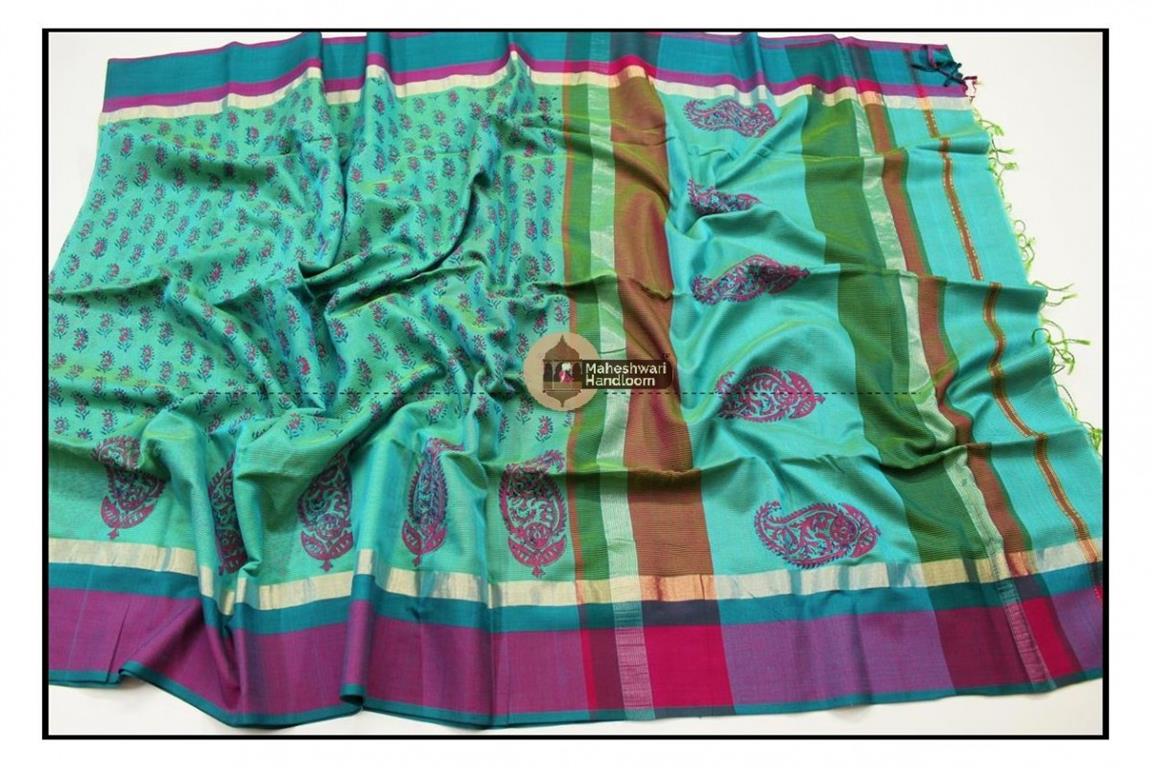 Maheshwari Sea Green Handblock Printed Saree