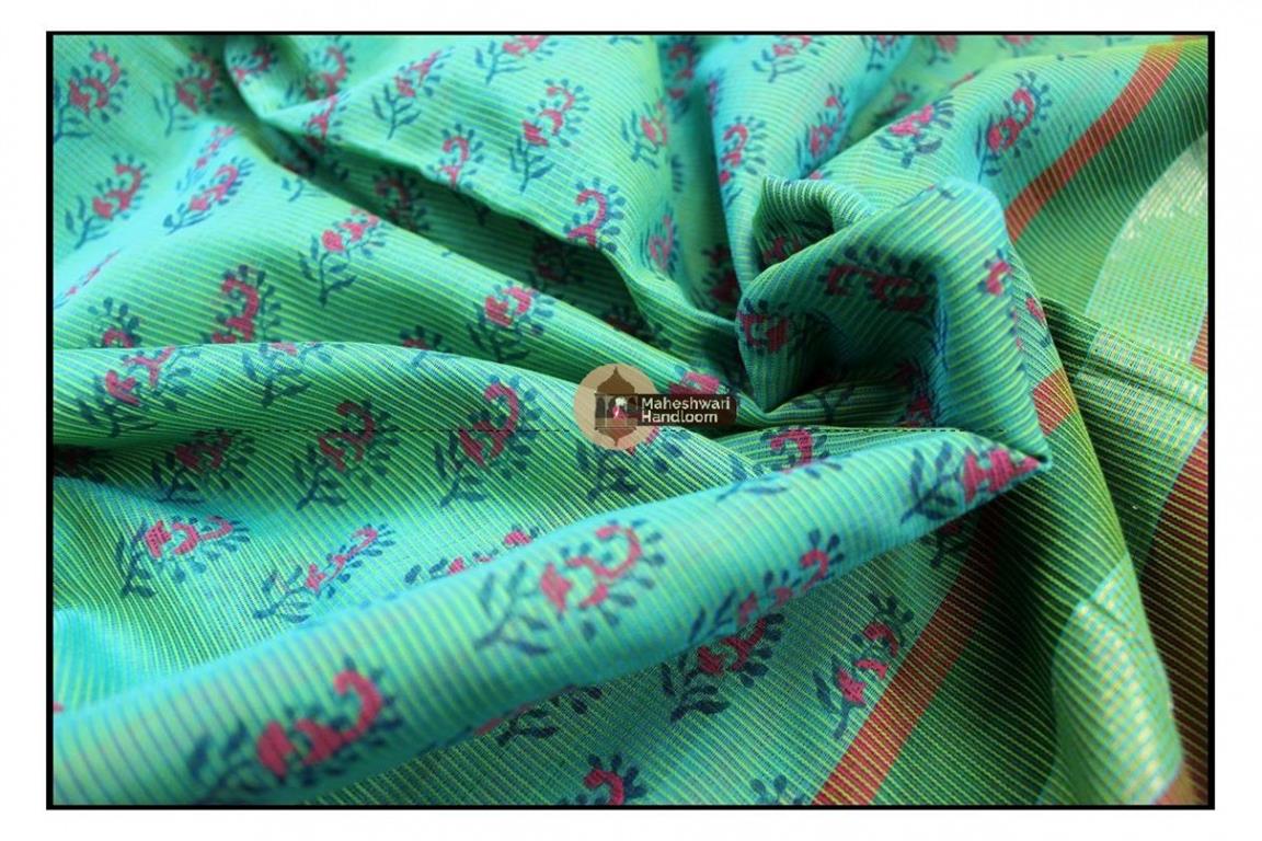 Maheshwari Sea Green Handblock Printed Saree