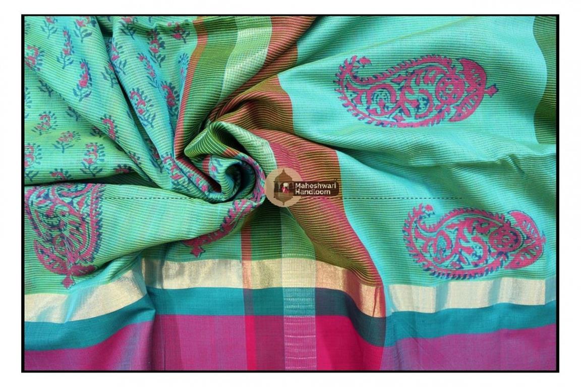 Maheshwari Sea Green Handblock Printed Saree