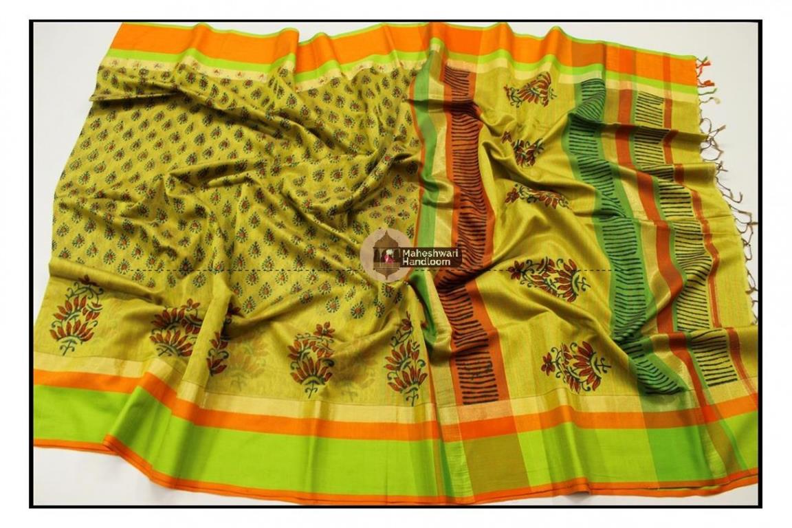 Maheshwari Yellow Handblock Printed Saree