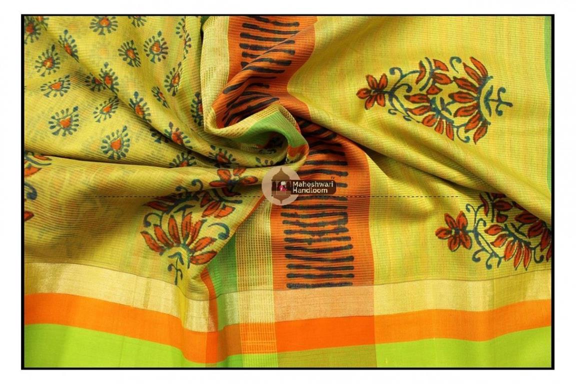 Maheshwari Yellow Handblock Printed Saree