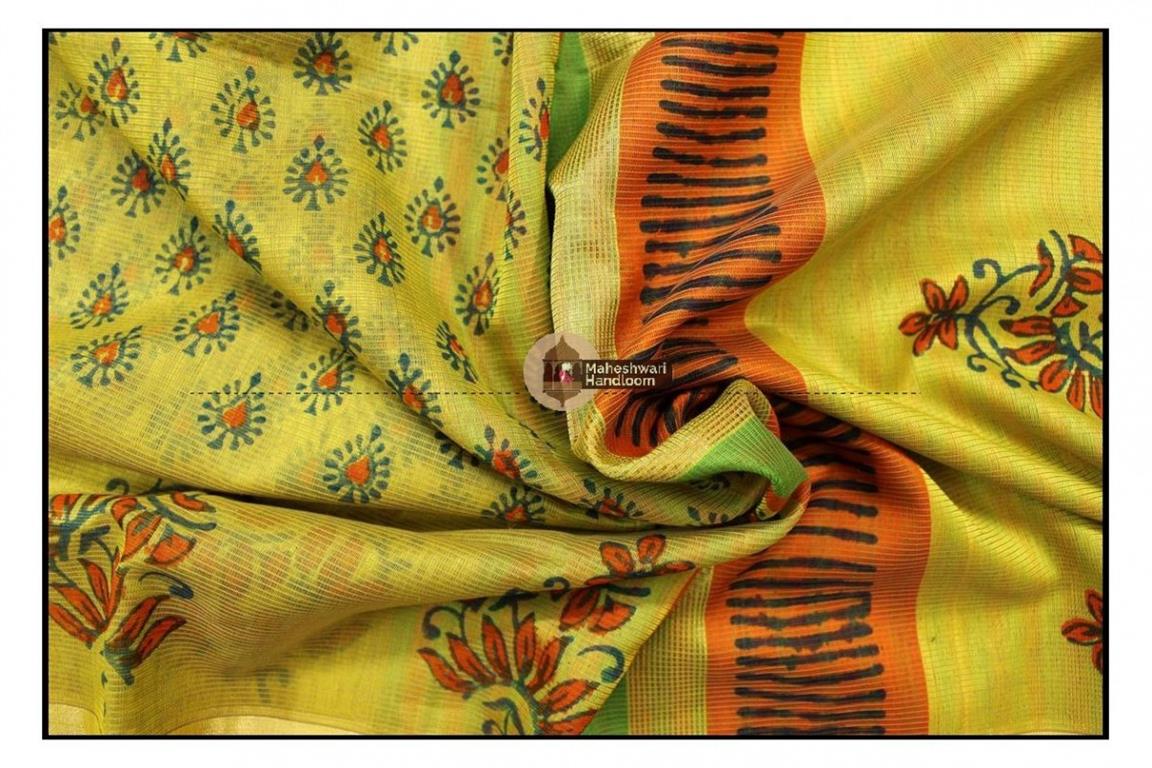 Maheshwari Yellow Handblock Printed Saree