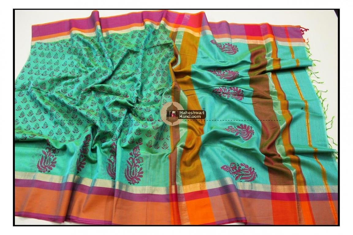 Maheshwari Sea Green Handblock Print Saree