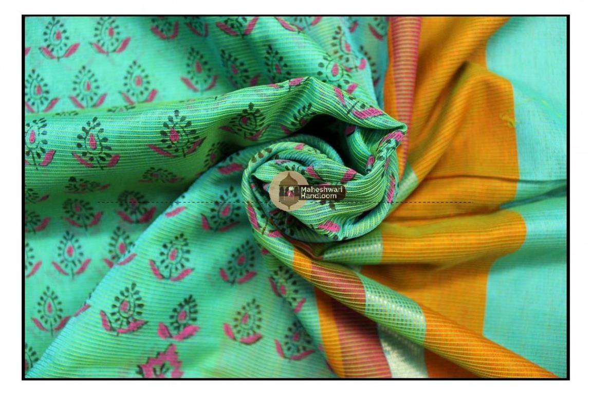 Maheshwari Sea Green Handblock Print Saree