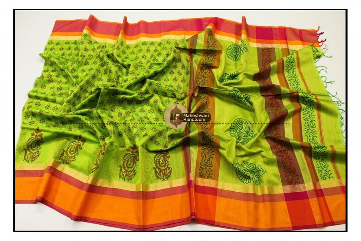 Maheshwari Green Handblock Print Saree