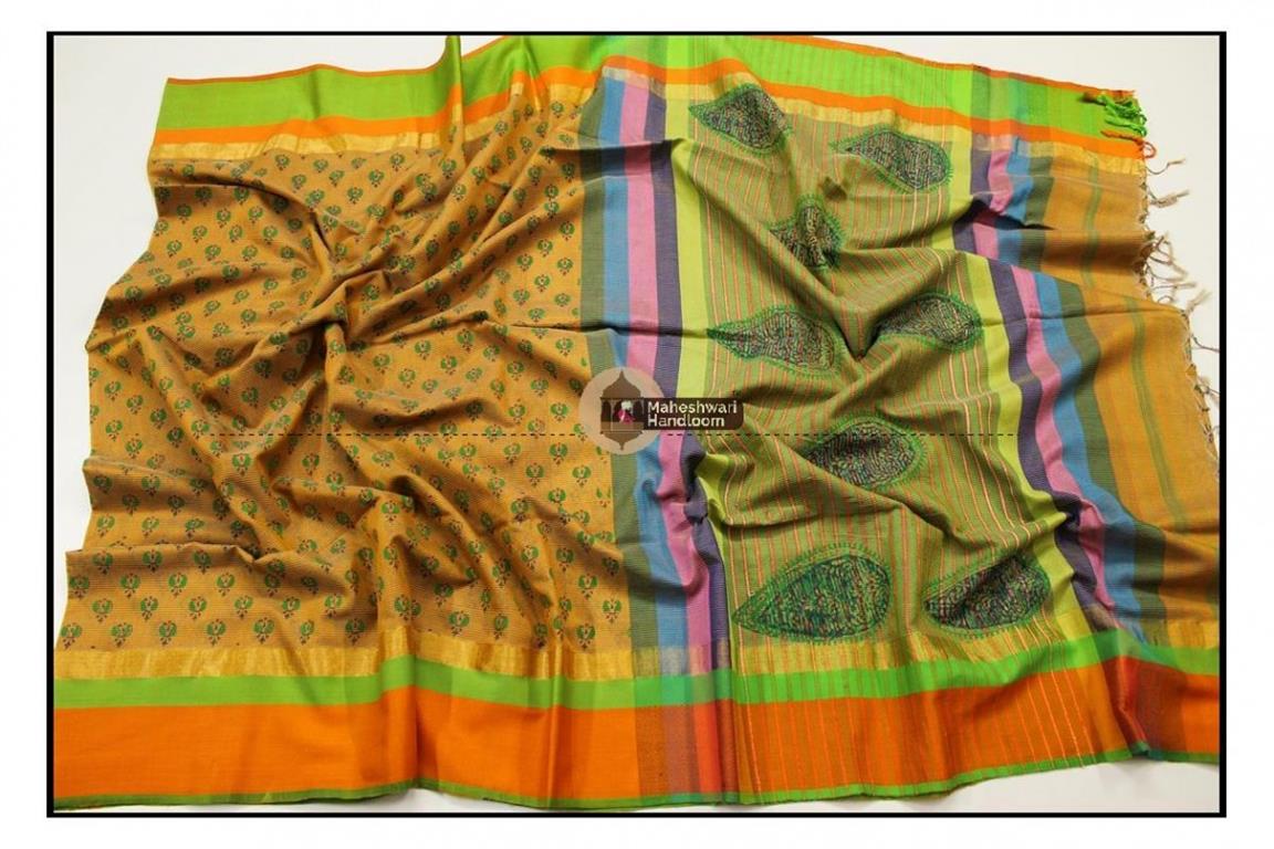 Maheshwari Mustard Yellow Handblock Printed Saree