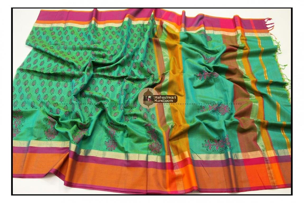 Maheshwari Sea Green Handblock Printed Saree