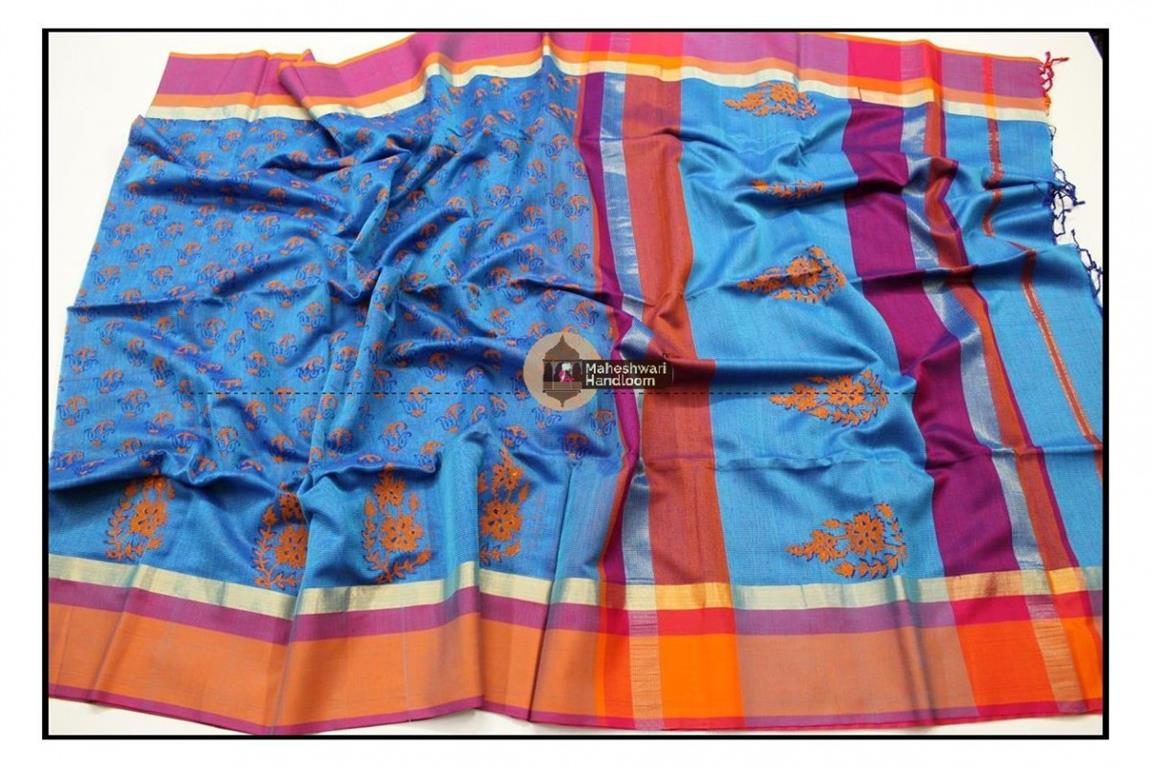 Maheshwari Sea Blue Handblock Printed saree