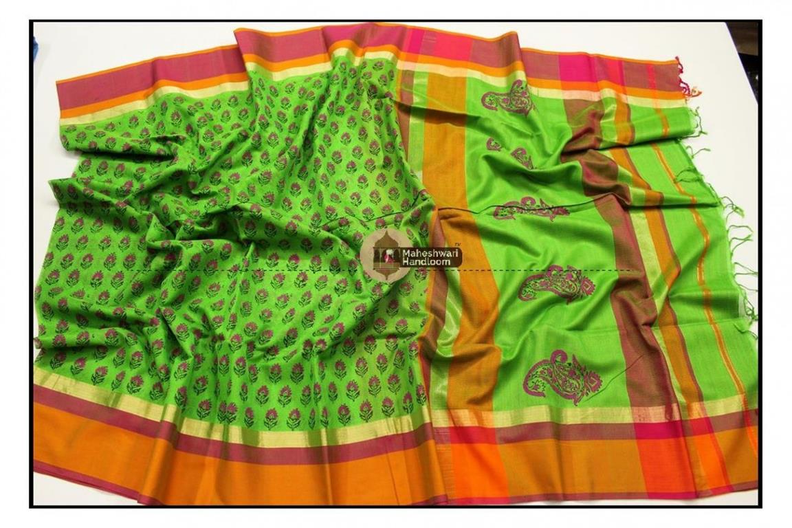Maheshwari Parrot Green Handblock Printed Saree