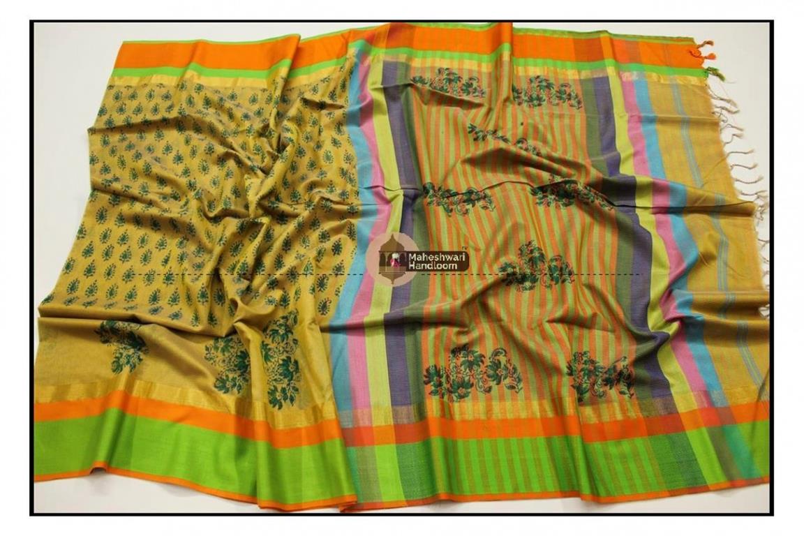 Maheshwari Mustard Yellow Handblock Printed Saree
