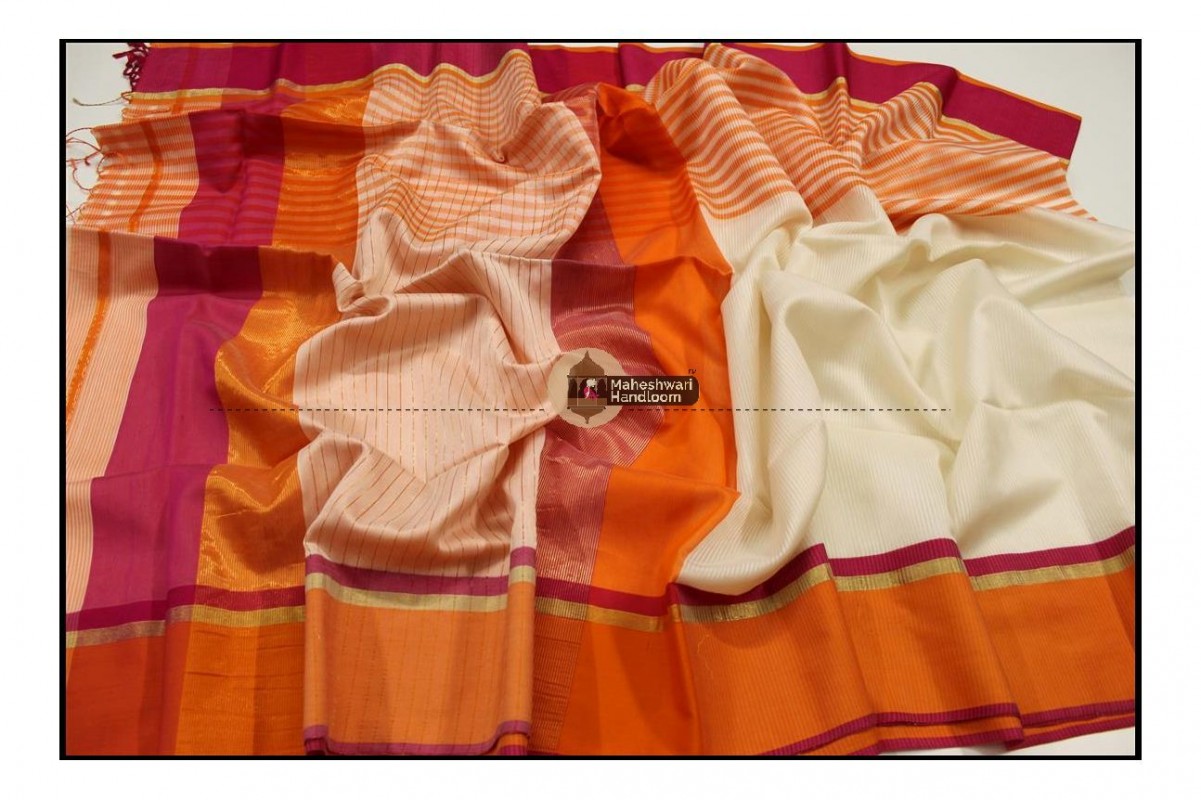 Maheshwari  White Organza Silk Saress