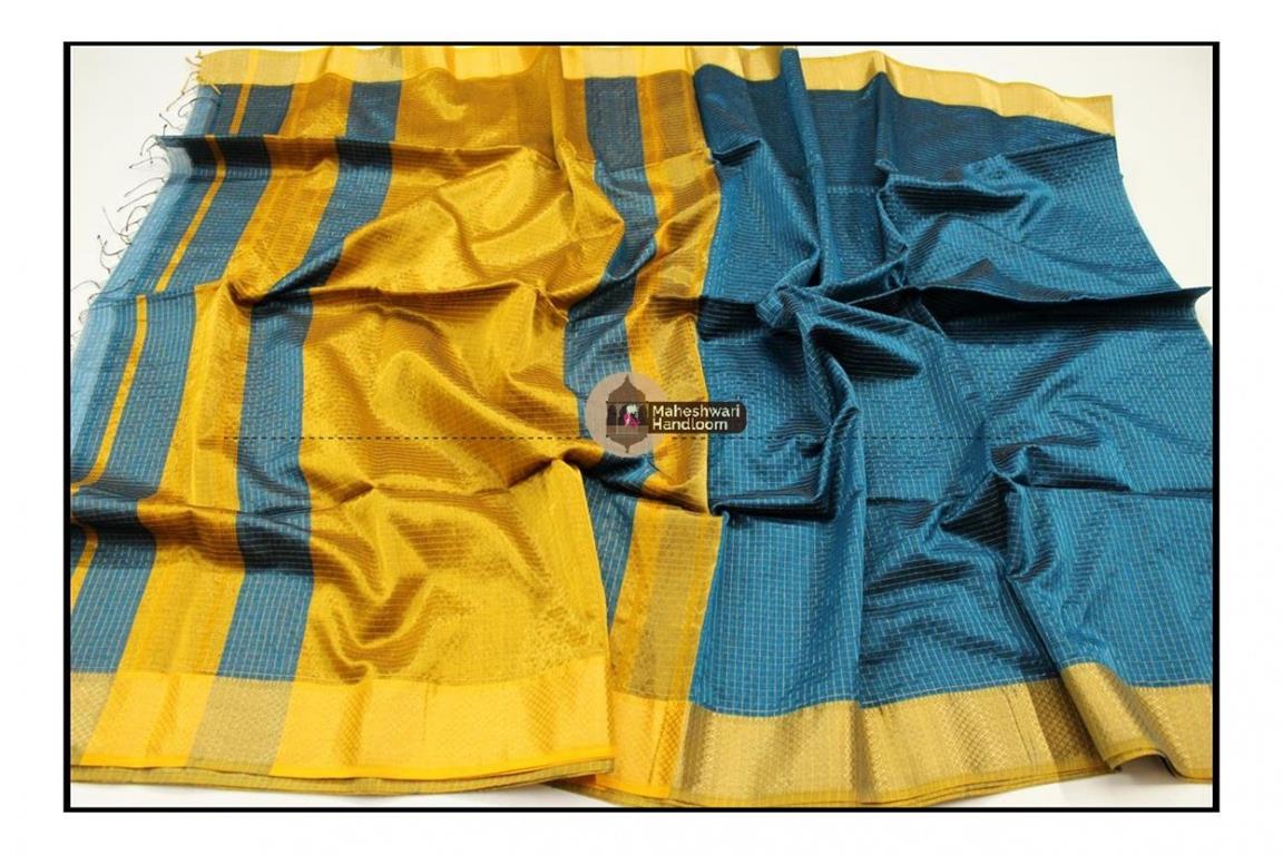 Maheshwari Rama Green Jari Checkered Weaving Saree