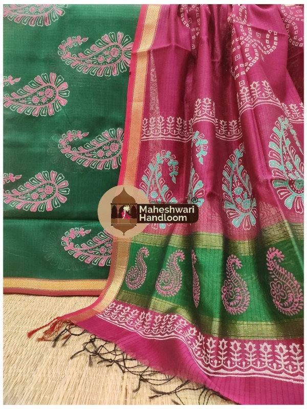 Maheshwari Green -Magenta Handblock Printed Suit