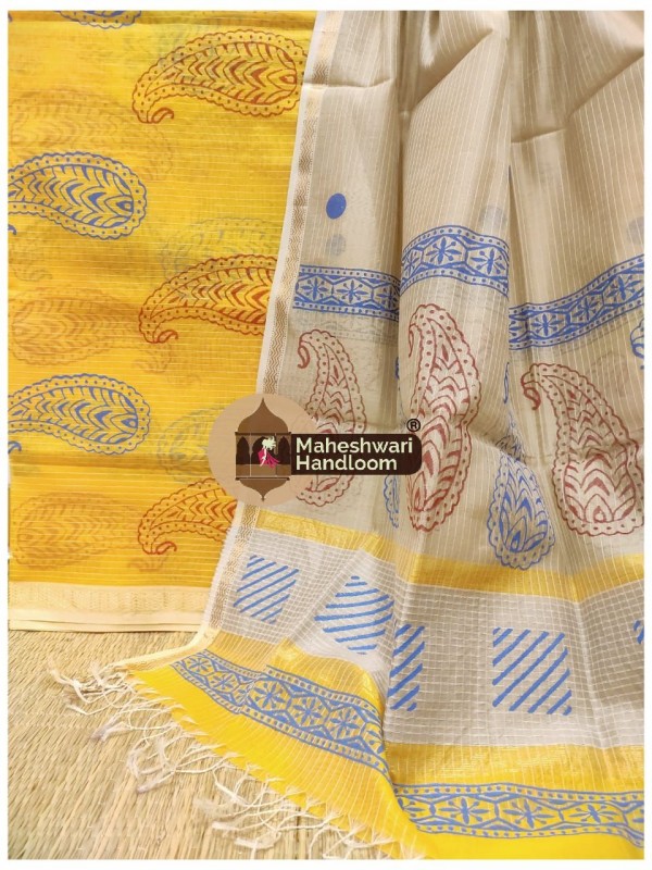 Maheshwari Yellow-Tussar Handblock Printed Suit