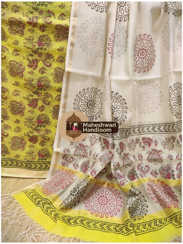 Maheshwar Yellow-White Handblock Printed Suit