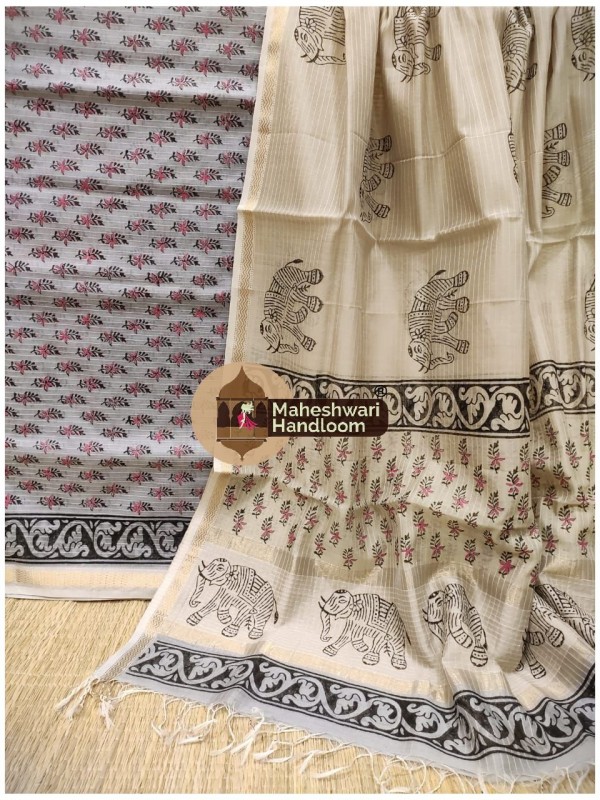 Maheshwari Grey-Tussar Handblock Printed Suit