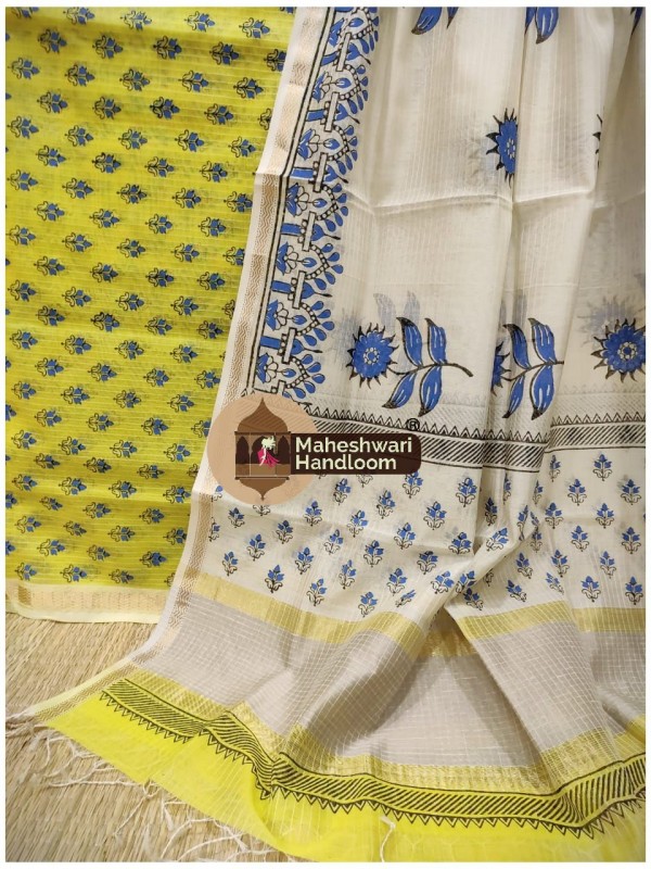 Maheshwari Yellow-White Handblock Printed Suit