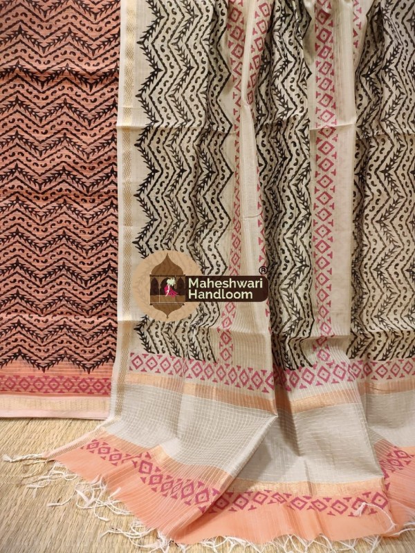 Maheshwari Peach-Tussar Handblock Printed Suit