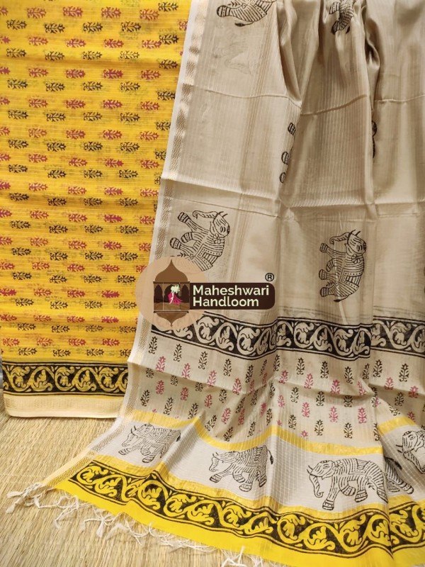 Maheshwari  Yellow-Tussar Handblock Printed Suit