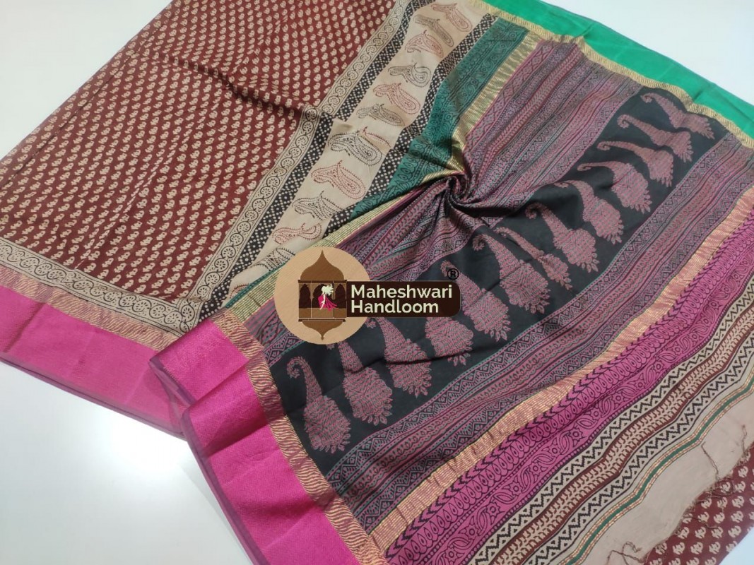 Maheshwari Maroon Red Bagh Print Saree