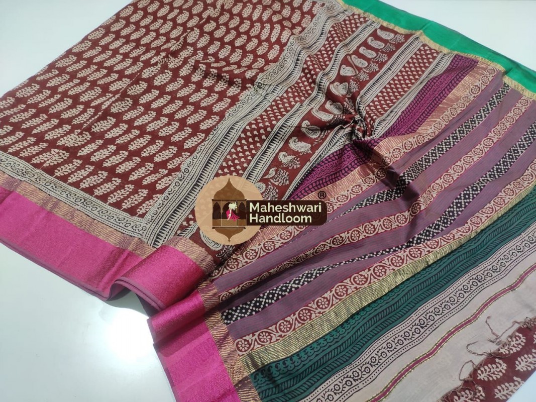 Maheshwari Maroon Red Bagh Print Saree 