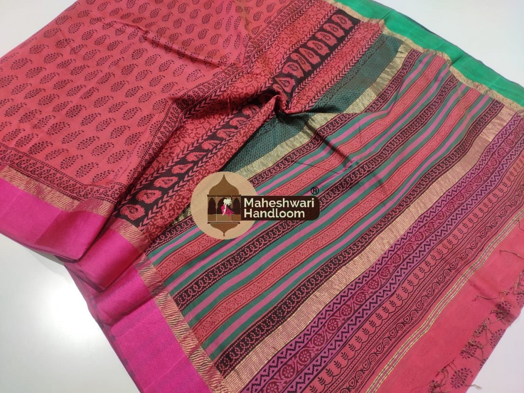 Maheshwari Red Bagh Print Saree 
