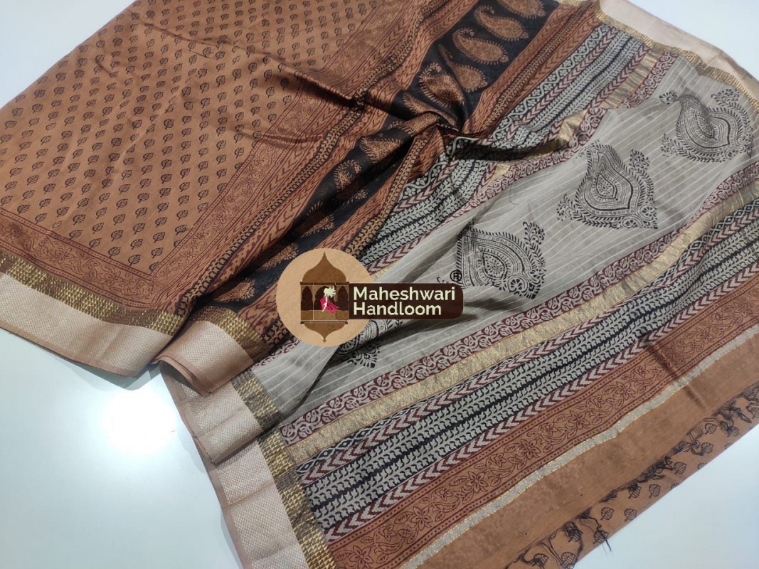 Maheshwari Rust Yellow Bagh Print Saree