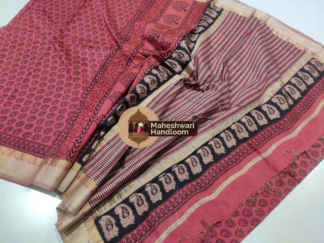 Maheshwari Carrot Red Bagh Print Saree