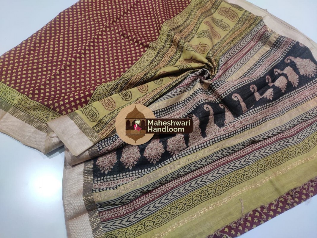 Maheshwari Maroon Red Bagh Print Saree