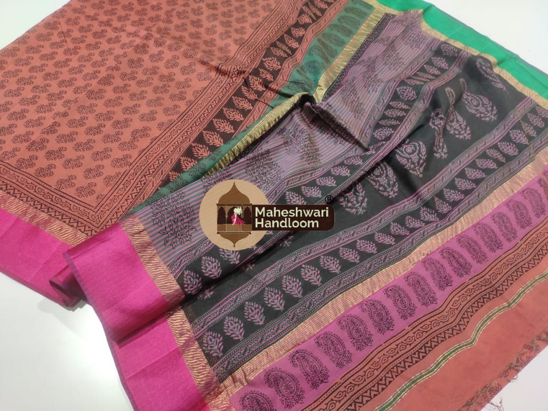 Maheshwari Rust Orange Bagh Print Saree