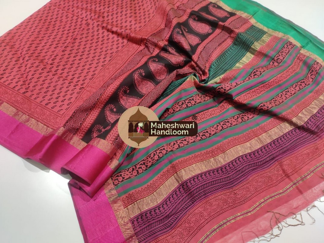 Maheshwari Red Bagh Print Saree