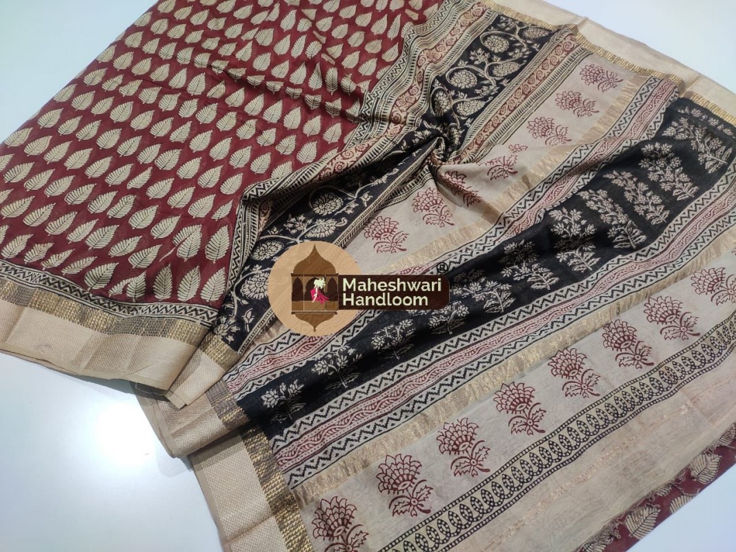 Maheshwari Maroon Red Bagh Print Saree
