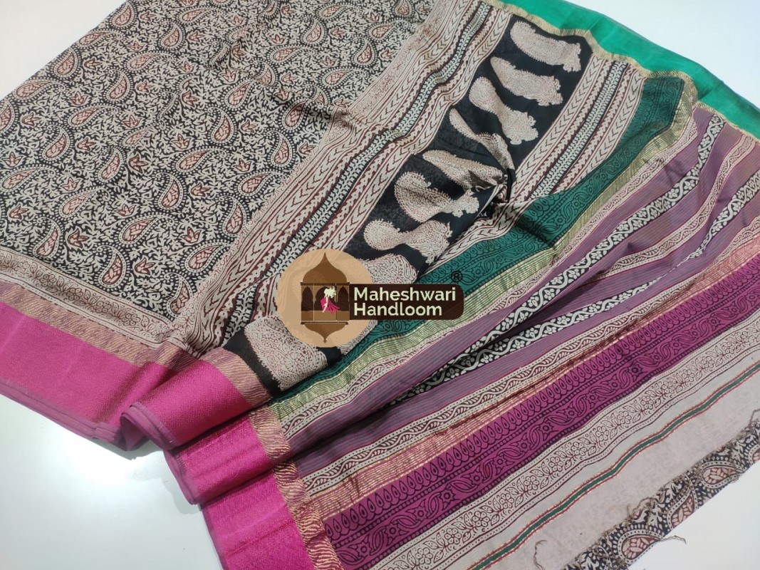 Maheshwari Tussar Grey Bagh Print Saree