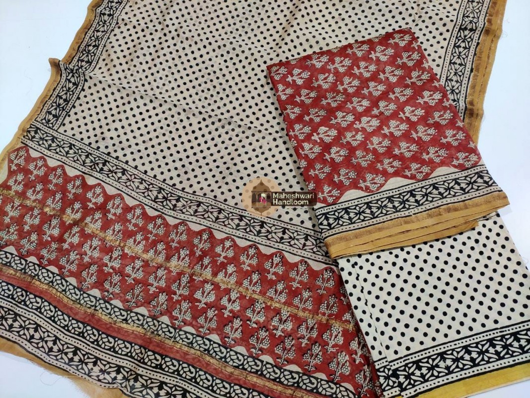 Maheshwari Red-Offwhite Bagru Printed Dress Material