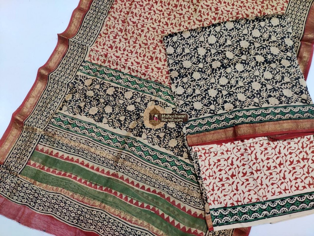 Maheshwari Black-Offwhite Bagru Printed Dress Material