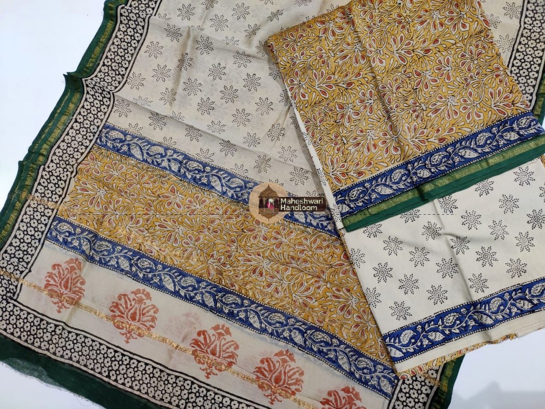 Maheshwari Yellow-Offwhite Bagru Printed Dress Material