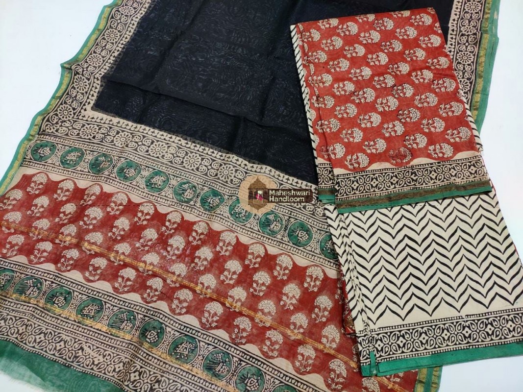 Maheshwari Red-Black Bagru Printed Dress Material