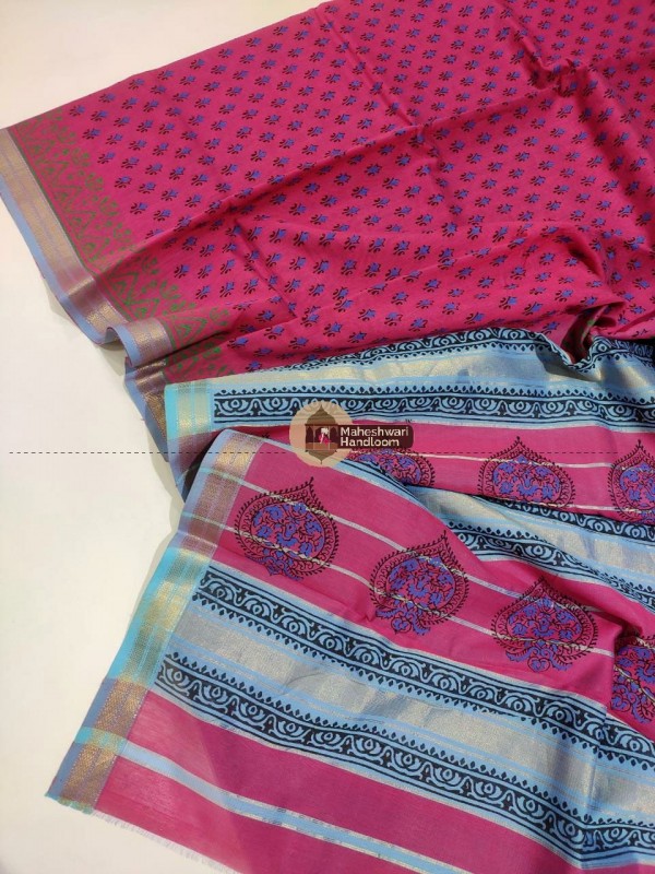 Maheshwari Pink Handbock Printed Saree