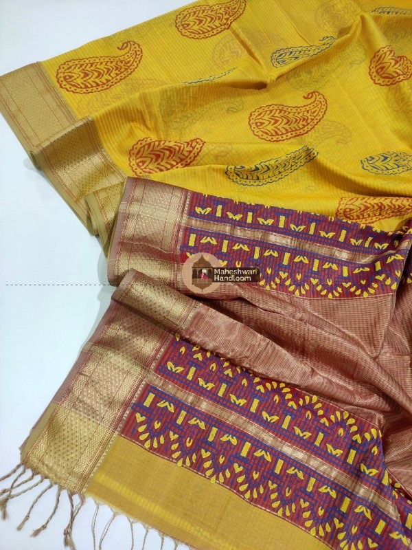 Maheshwari Yellow Handbock Printed Saree