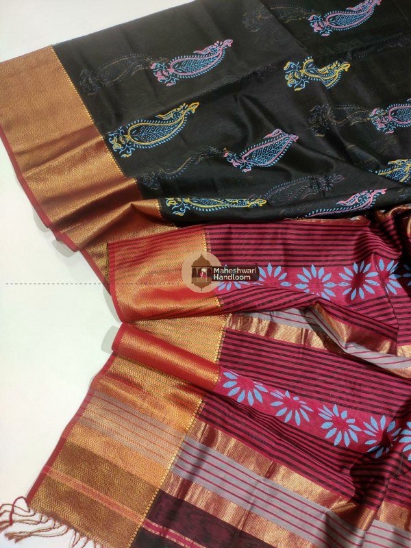 Maheshwari Black Handbock Printed Saree