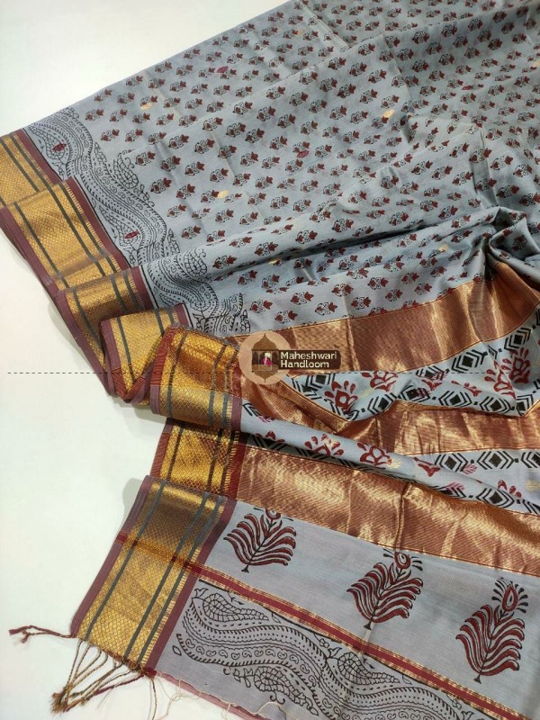 Maheshwari Grey Handbock Printed Saree