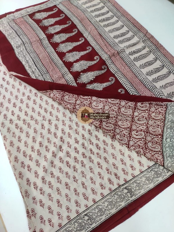 White Colour Bagh Print Cotton Saree
