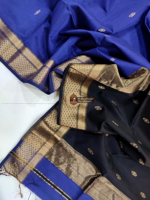 Maheshwari Blue Khatiya Buti Jari Border Saree