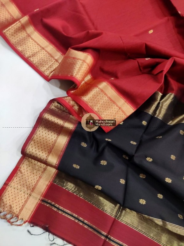 Maheshwari Red Khatiya Buti Jari Border Saree