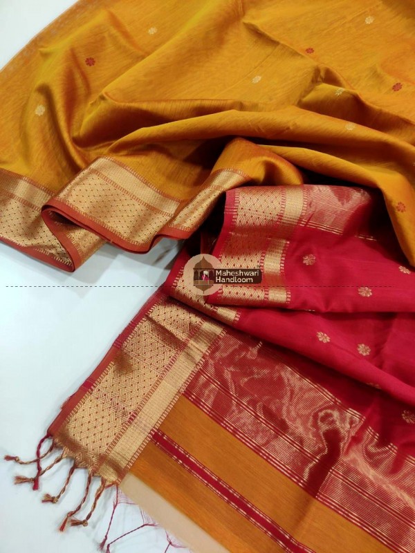 Maheshwari Mustard Yellow Khatiya Buti Jari Border Saree