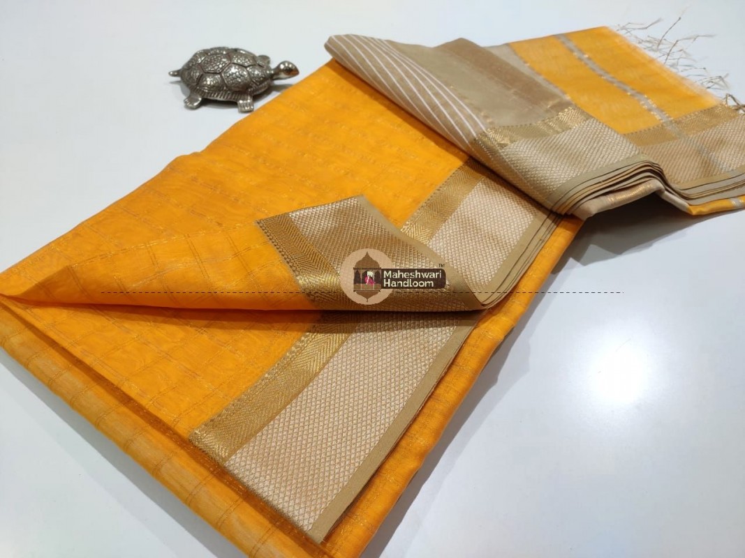 Maheshwari Yellow Checks Body Resham Thread Border Saree
